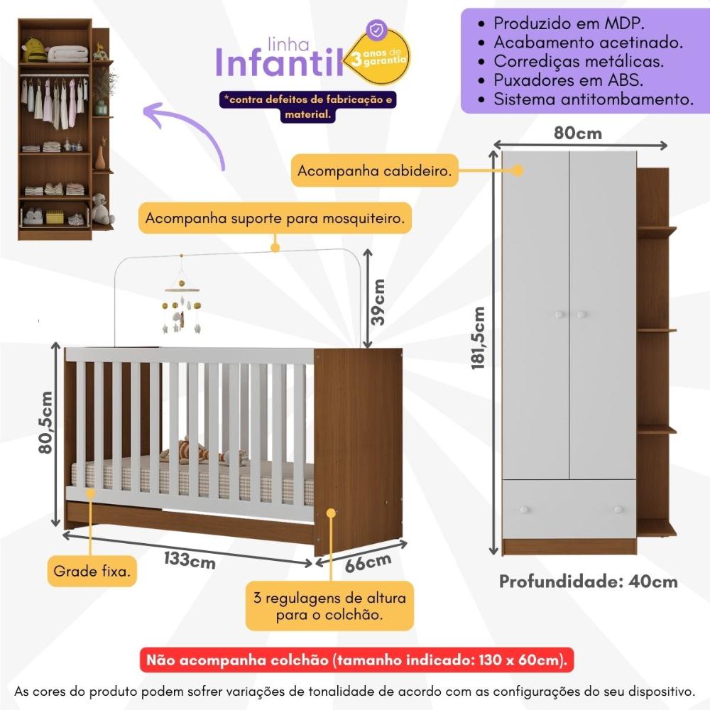 Berço 3 em 1 para Colchão 130 x 60cm com Guarda-Roupas 2 Portas Doce de Leite Multimóveis MP4241 Madeirado/Branco