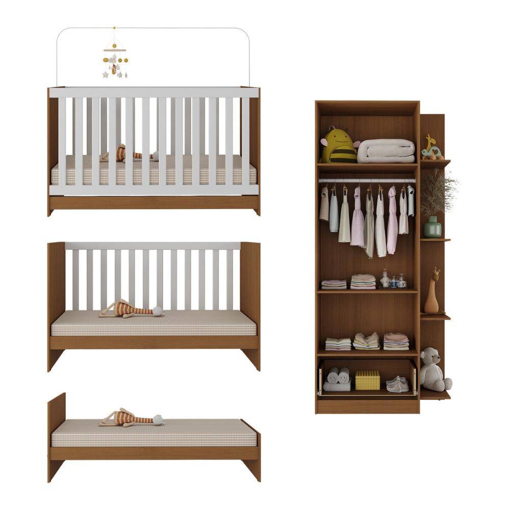 Berço 3 em 1 para Colchão 130 x 60cm com Guarda-Roupas 2 Portas Doce de Leite Multimóveis MP4241 Madeirado/Branco