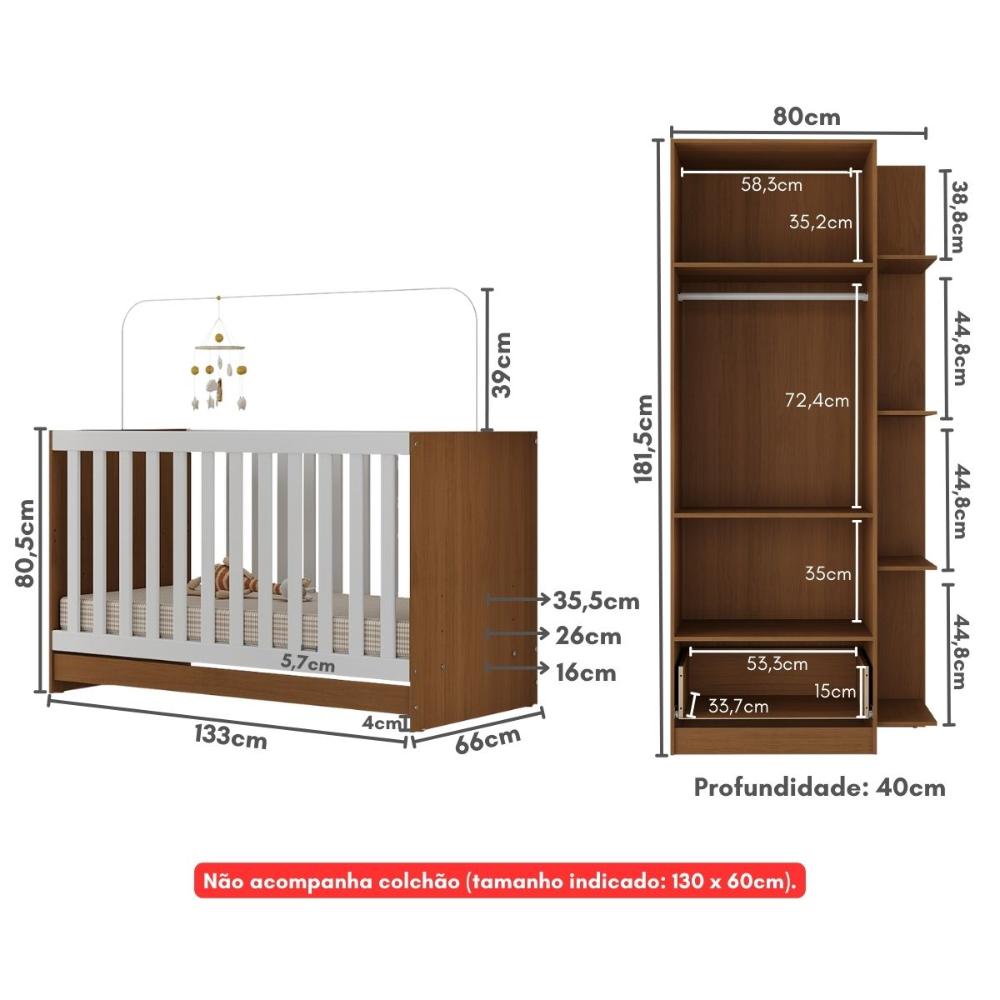 Berço 3 em 1 para Colchão 130 x 60cm com Guarda-Roupas 2 Portas Doce de Leite Multimóveis MP4241 Madeirado/Branco