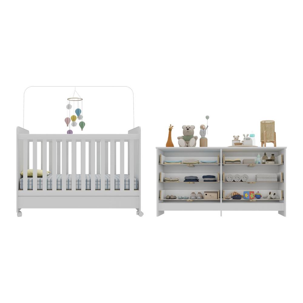 Berço 3 em 1 para Colchão 130x70cm com Rodízios e Cômoda Chantilly Multimóveis MP4290 Branco