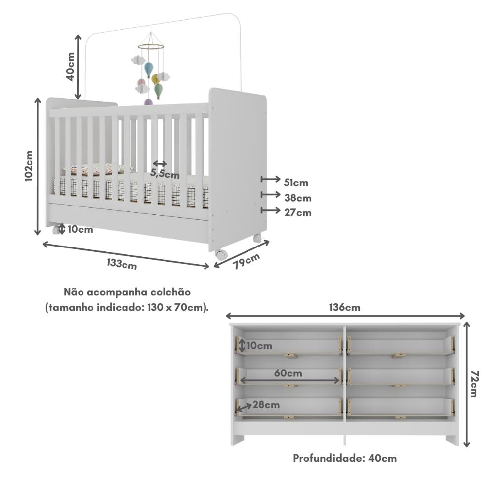 Berço 3 em 1 para Colchão 130x70cm com Rodízios e Cômoda Chantilly Multimóveis MP4290 Branco