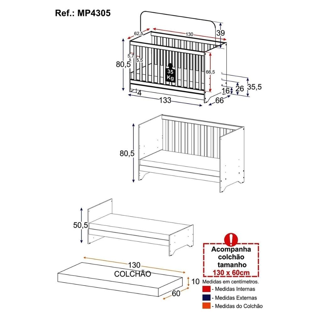 Berço 3 em 1 vira cama com Colchão Incluso Elza Multimóveis MP4305 Branco