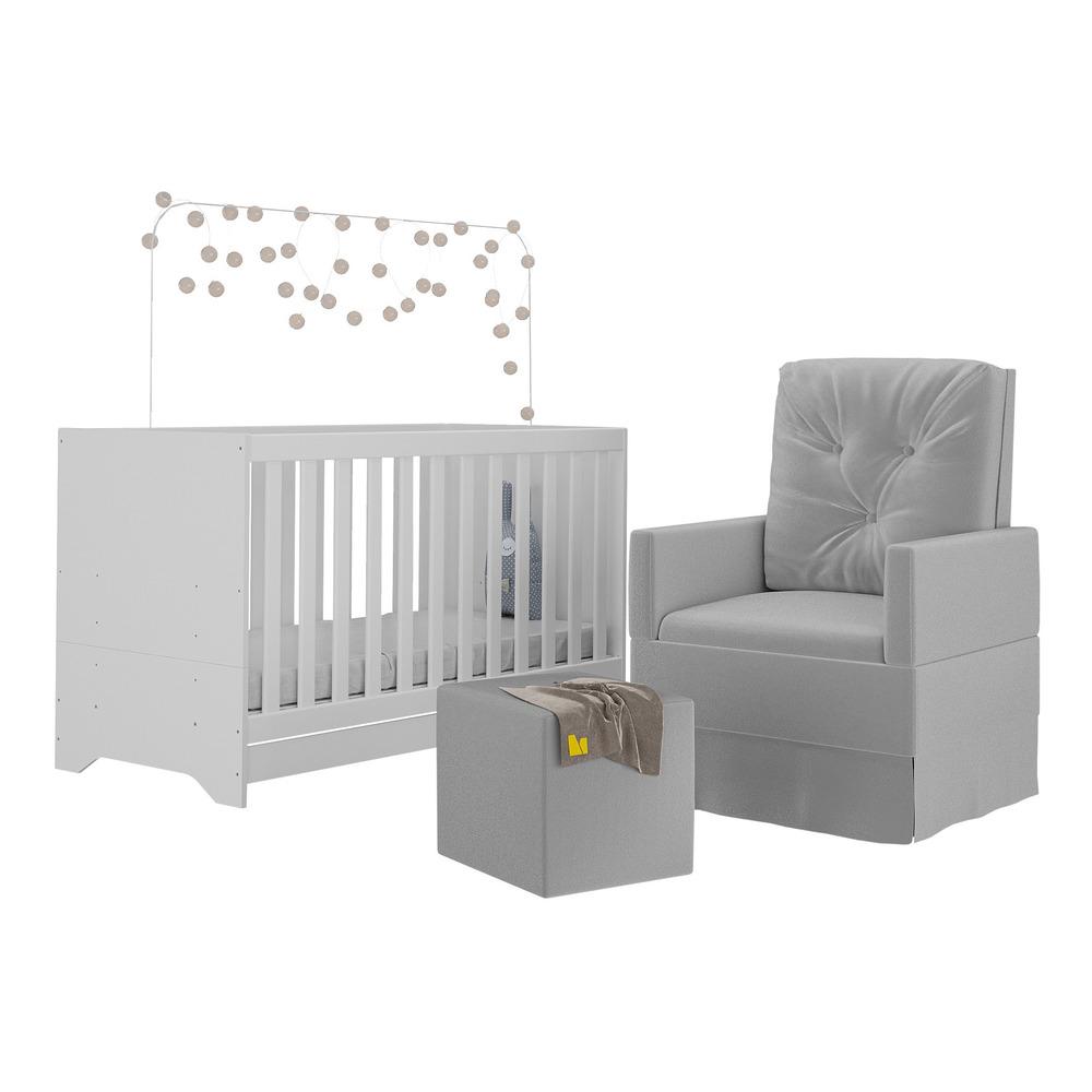 Berço 3x1 com Colchão Incluso Poltrona de Amamentação e Puff Elza Multimóveis MP4100 Branco/Cinza