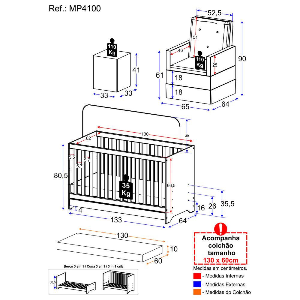 Berço 3x1 com Colchão Incluso Poltrona de Amamentação e Puff Elza Multimóveis MP4100 Branco/Cinza