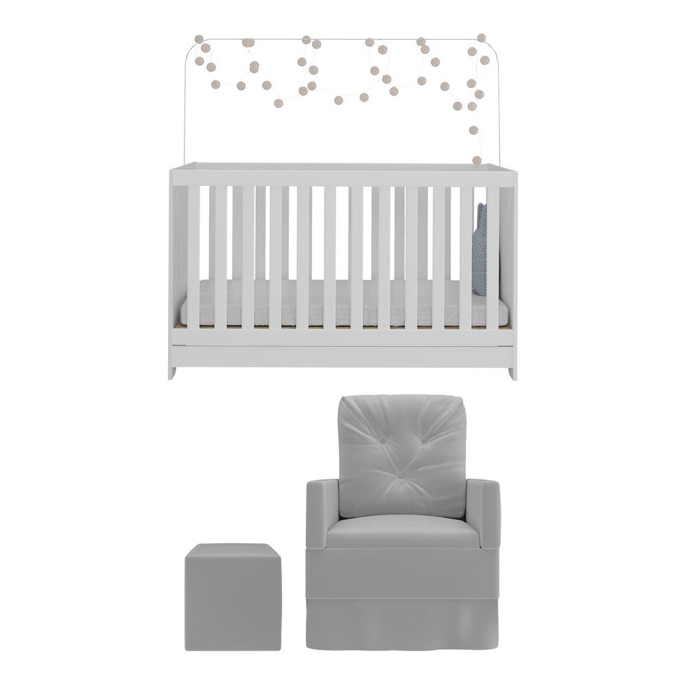 Berço 3x1 com Colchão Incluso Poltrona de Amamentação e Puff Elza Multimóveis MP4100 Branco/Cinza