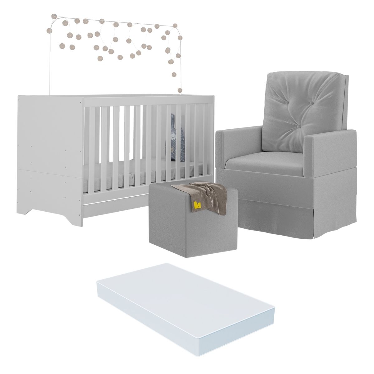 Berço 3x1 com Colchão Incluso Poltrona de Amamentação e Puff Elza Multimóveis MP4100 Branco/Cinza