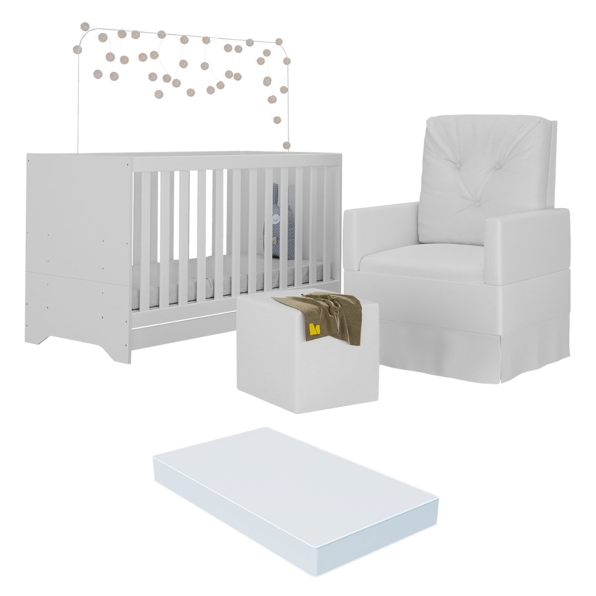 Berço 3x1 com Colchão Incluso Poltrona de Amamentação e Puff Elza Multimóveis MP4106 Branco