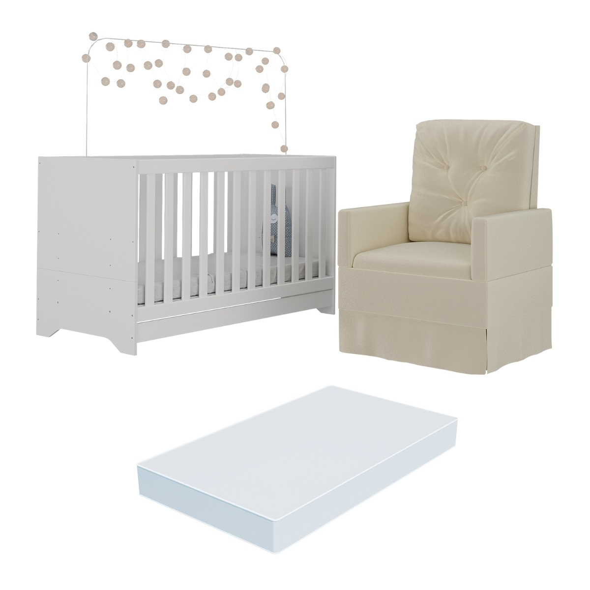 Berço 3x1 com Colchão Incluso e Poltrona de Amamentação Elza Multimóveis MP4088 Branco/Bege