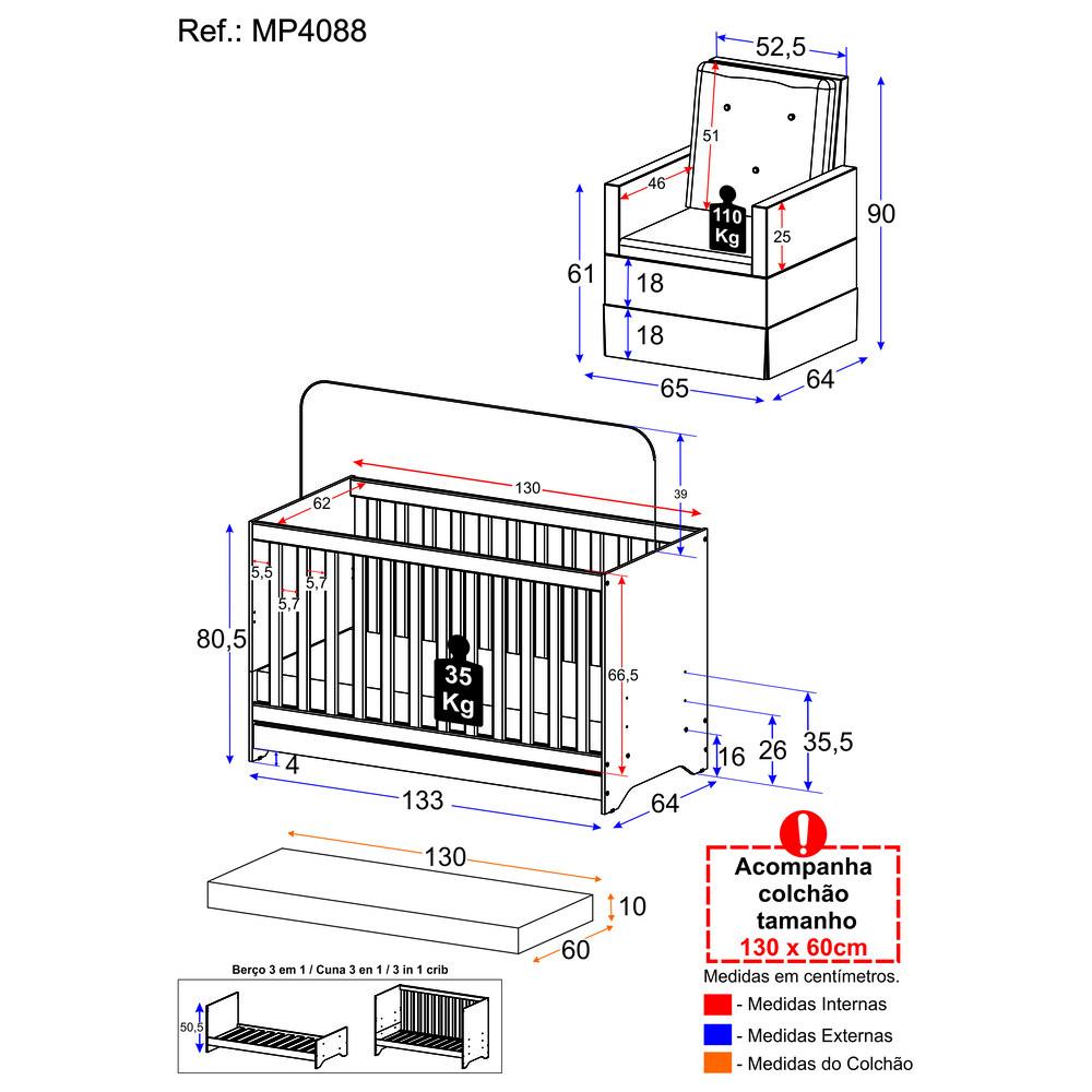 Berço 3x1 com Colchão Incluso e Poltrona de Amamentação Elza Multimóveis MP4088 Branco/Cinza