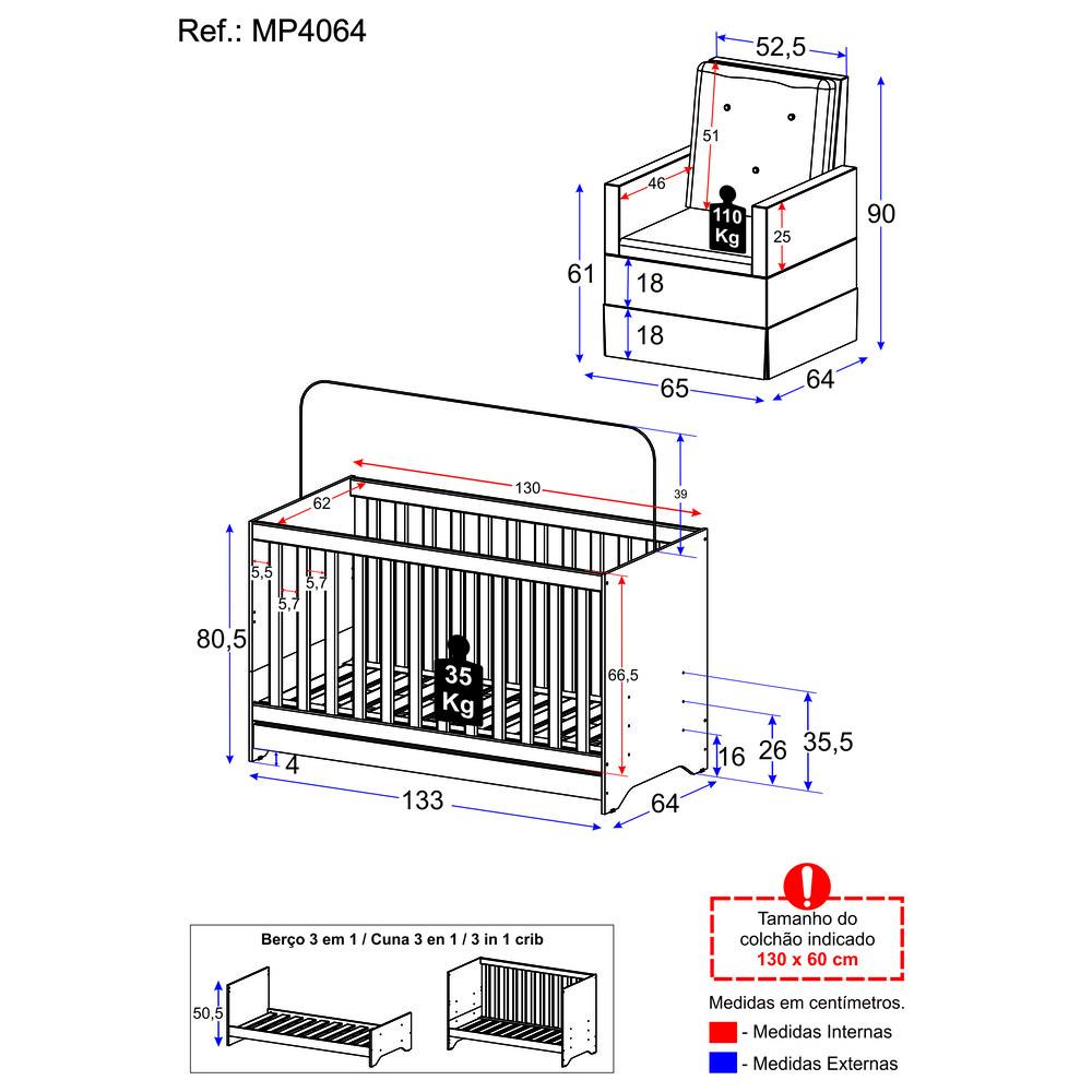 Berço 3x1 com Poltrona de Amamentação Multimóveis MP4064 Branco/Cinza