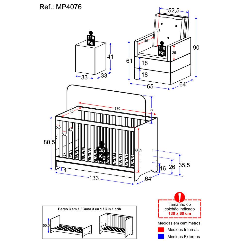 Berço 3x1 com Poltrona de Amamentação e Puff Multimóveis MP4076 Branco/Bege