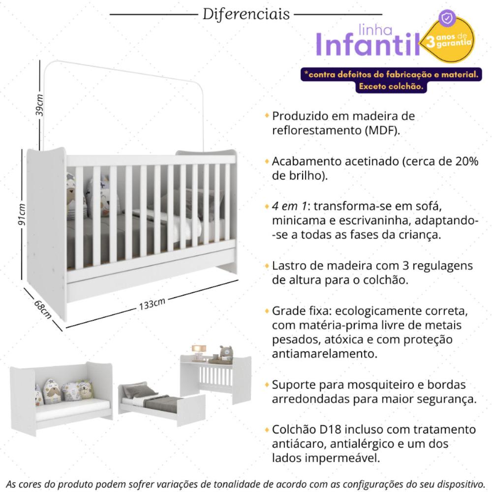 Berço 4 em 1 Vira Escrivaninha com Colchão Incluso Multimóveis MP4350 Branco