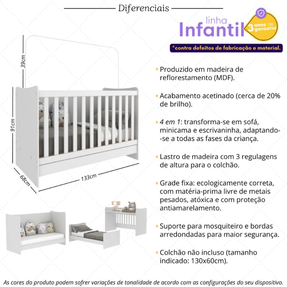 Berço 4 em 1 Vira Escrivaninha para Colchão 60x130cm Multimóveis MP4349 Branco