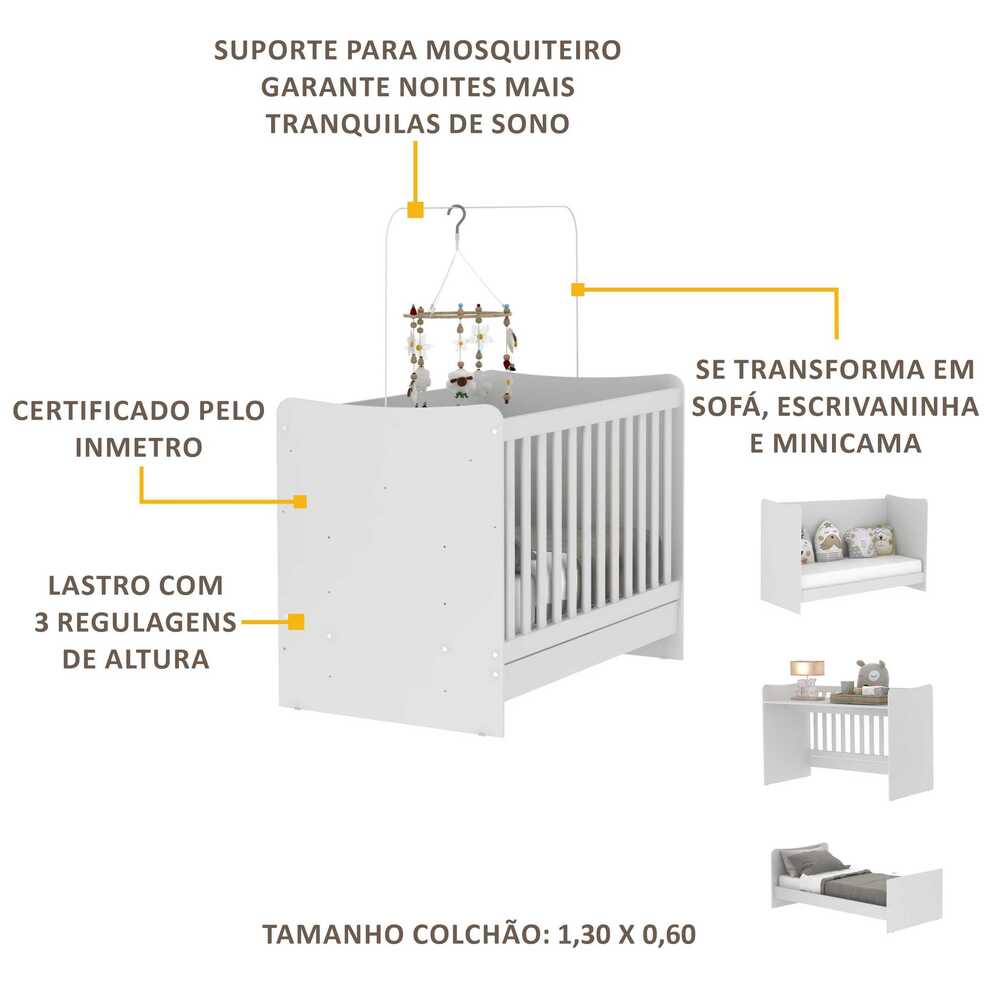 Berço 4 em 1 com Colchão Incluso Multimóveis Evolution vira Escrivaninha FG3024 Branco