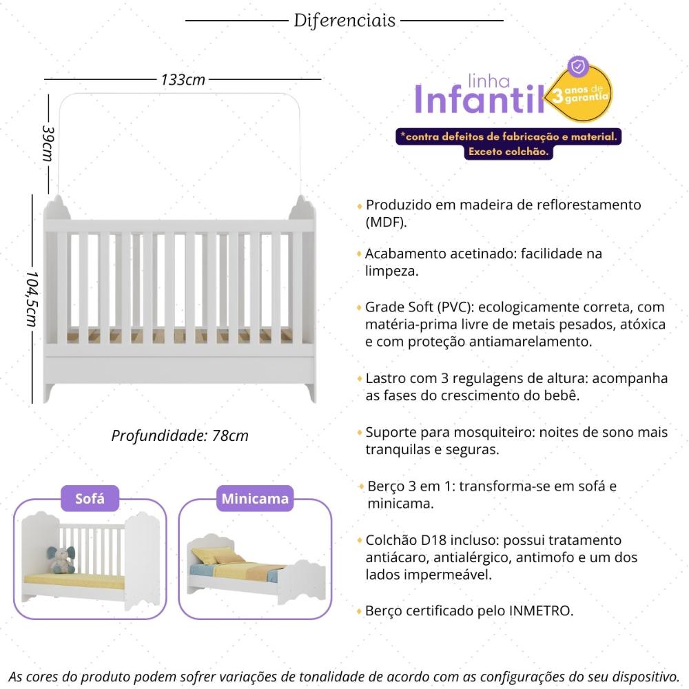 Berço Americano 3 em 1 com Colchão Incluso Nuvem Multimóveis MP4385 Branco