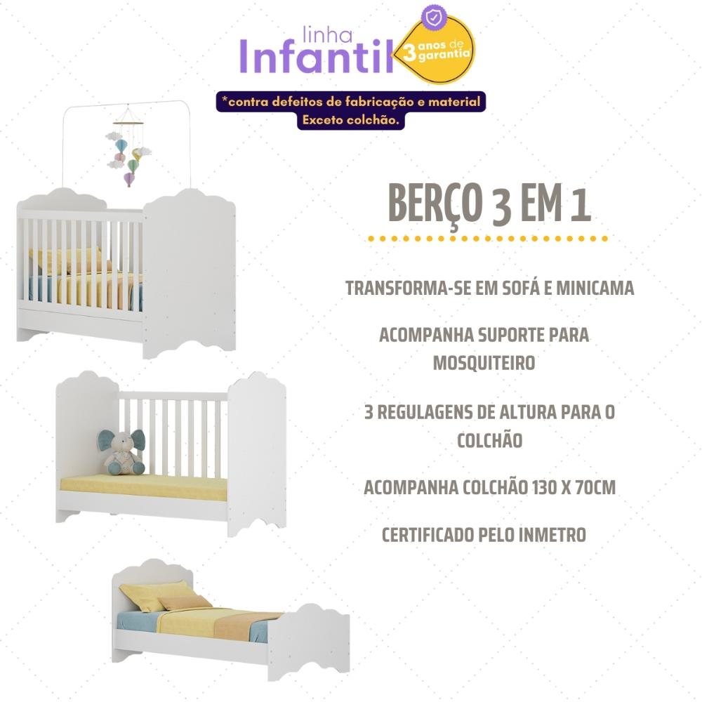 Berço Americano 3 em 1 com Colchão Incluso Nuvem Multimóveis MP4385 Branco