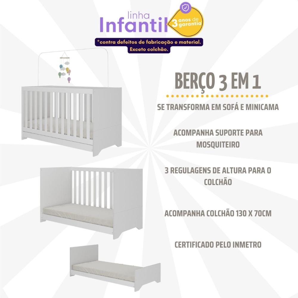 Berço Americano 3 em 1 com Colchão Incluso e Rodízios Bambino Multimóveis MP4306 Branco