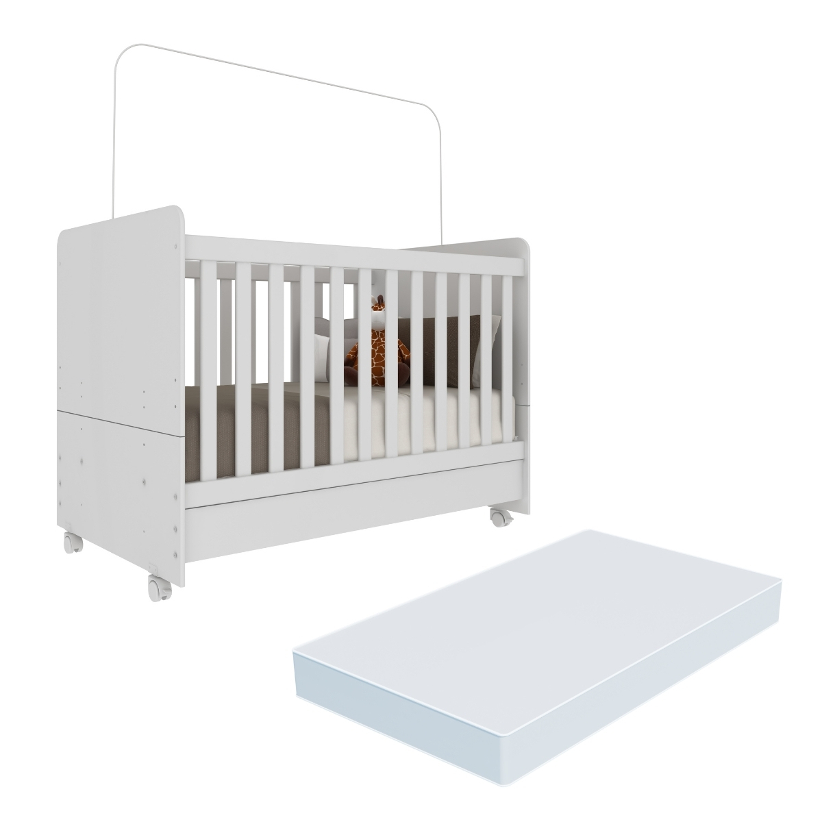 Berço Americano 3 em 1 com Colchão Incluso e Rodízios Multimóveis Bambino FG3023 Branco