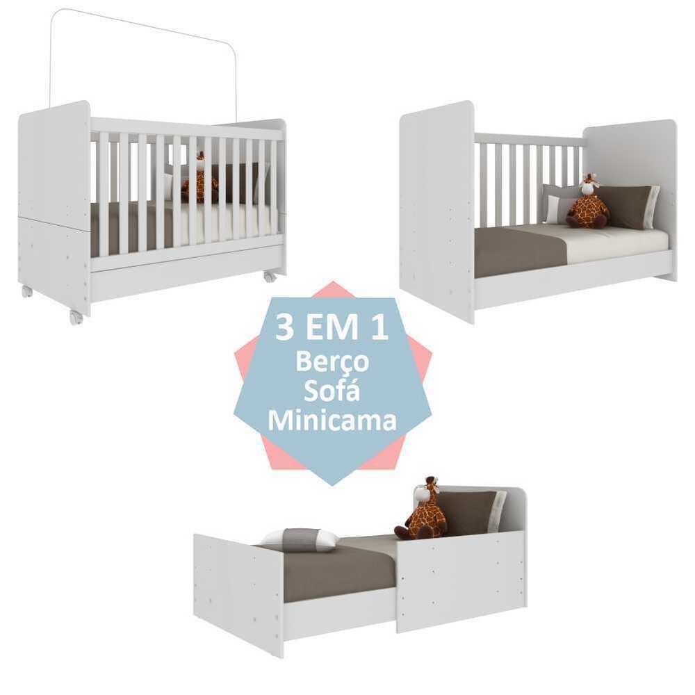 Berço Americano 3 em 1 com Colchão Incluso e Rodízios Multimóveis Bambino FG3023 Branco