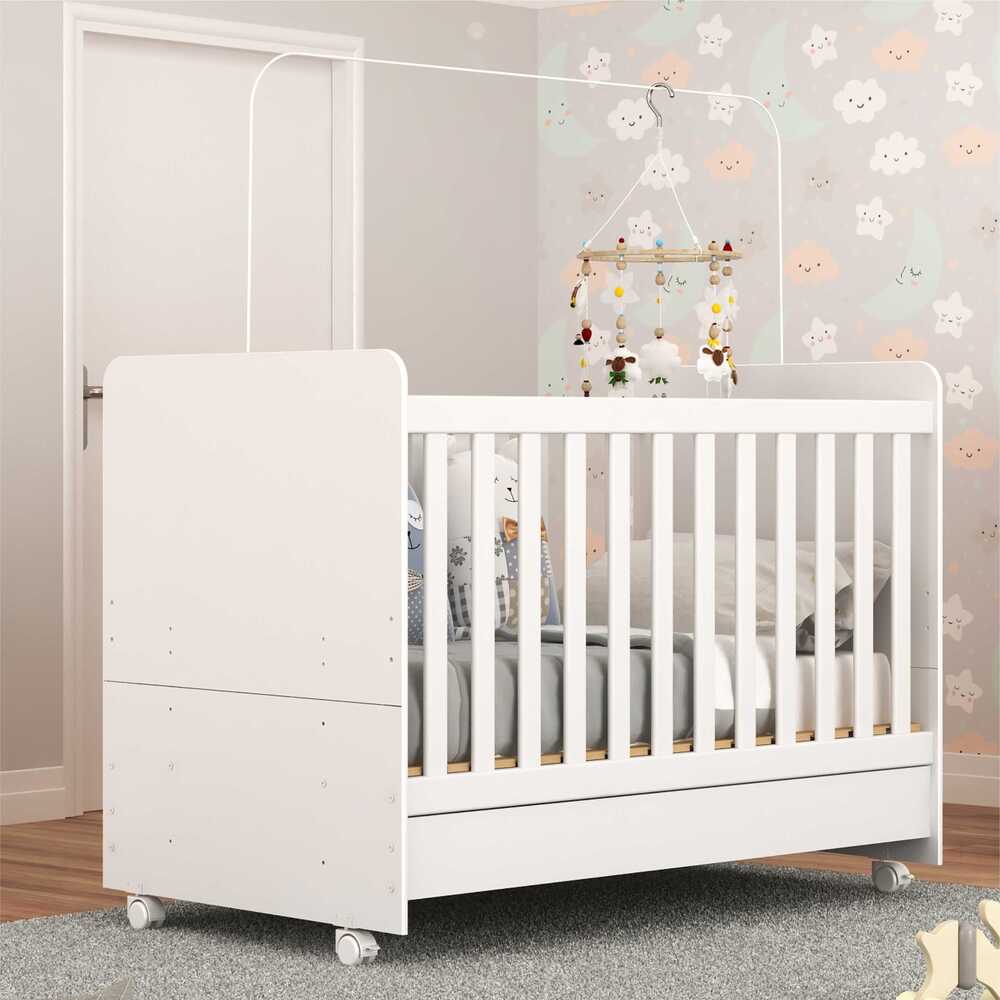Berço Americano 3 em 1 com Colchão Incluso e Rodízios Multimóveis Bambino FG3023 Branco