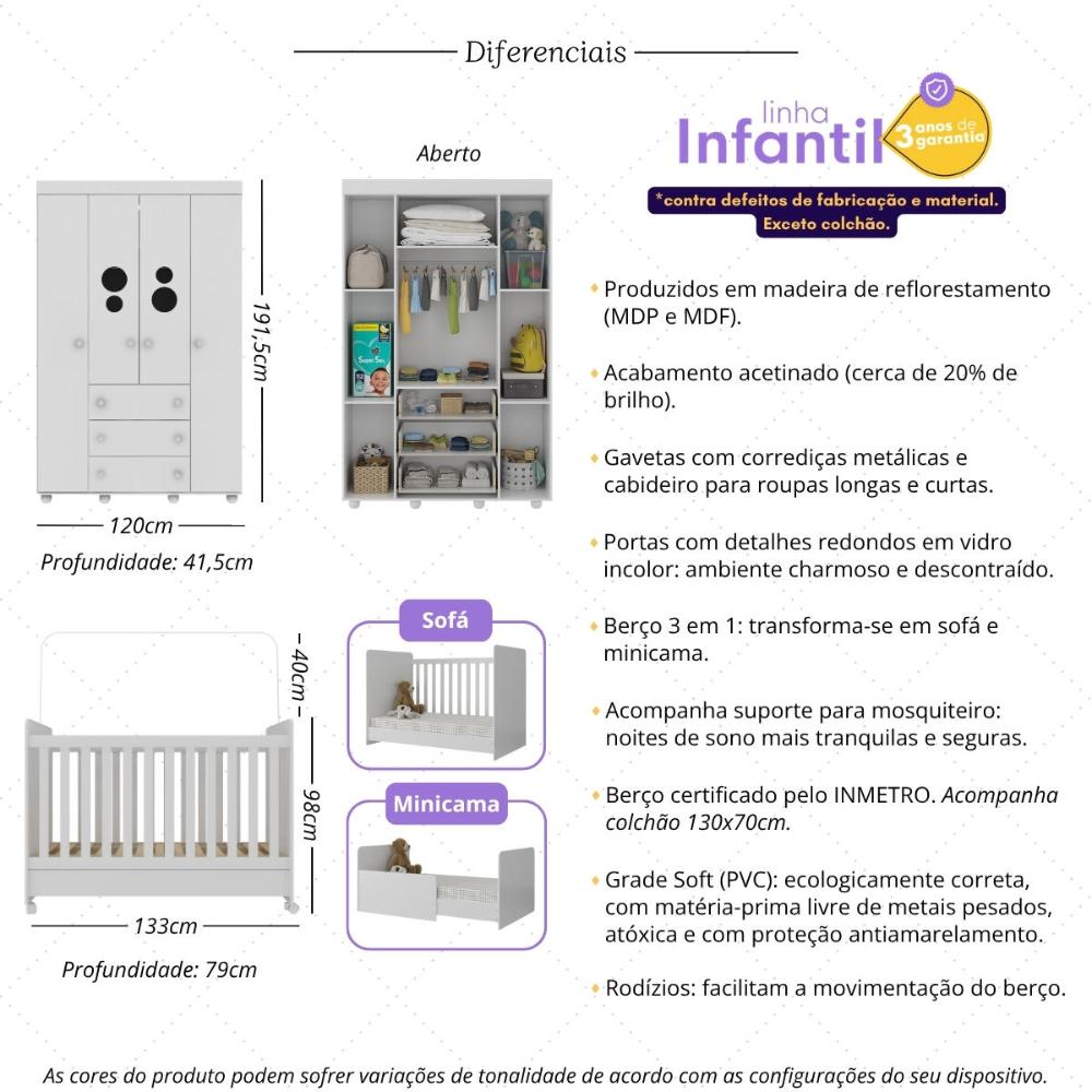 Berço Americano 3 em 1 com Colchão Incluso/Rodízios e Guarda-Roupa 4 Pts Pimpolho Multimóveis MP4387 Branco