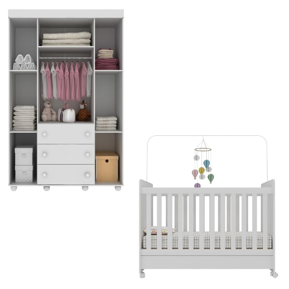 Berço Americano 3 em 1 com Colchão Incluso/Rodízios e Guarda-Roupa 4 Pts Pimpolho Multimóveis MP4387 Branco