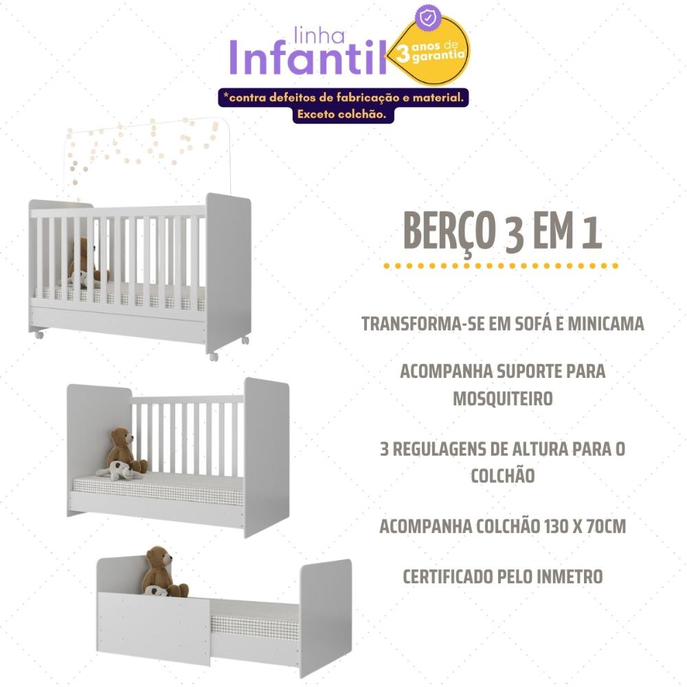 Berço Americano 3 em 1 com Colchão Incluso/Rodízios e Guarda-Roupa 4 Pts Pimpolho Multimóveis MP4387 Branco