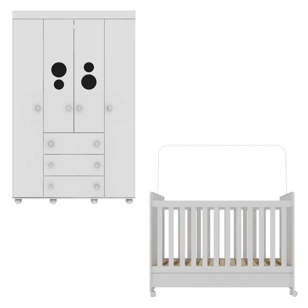 Berço Americano 3 em 1 com Colchão Incluso/Rodízios e Guarda-Roupa 4 Pts Pimpolho Multimóveis MP4387 Branco