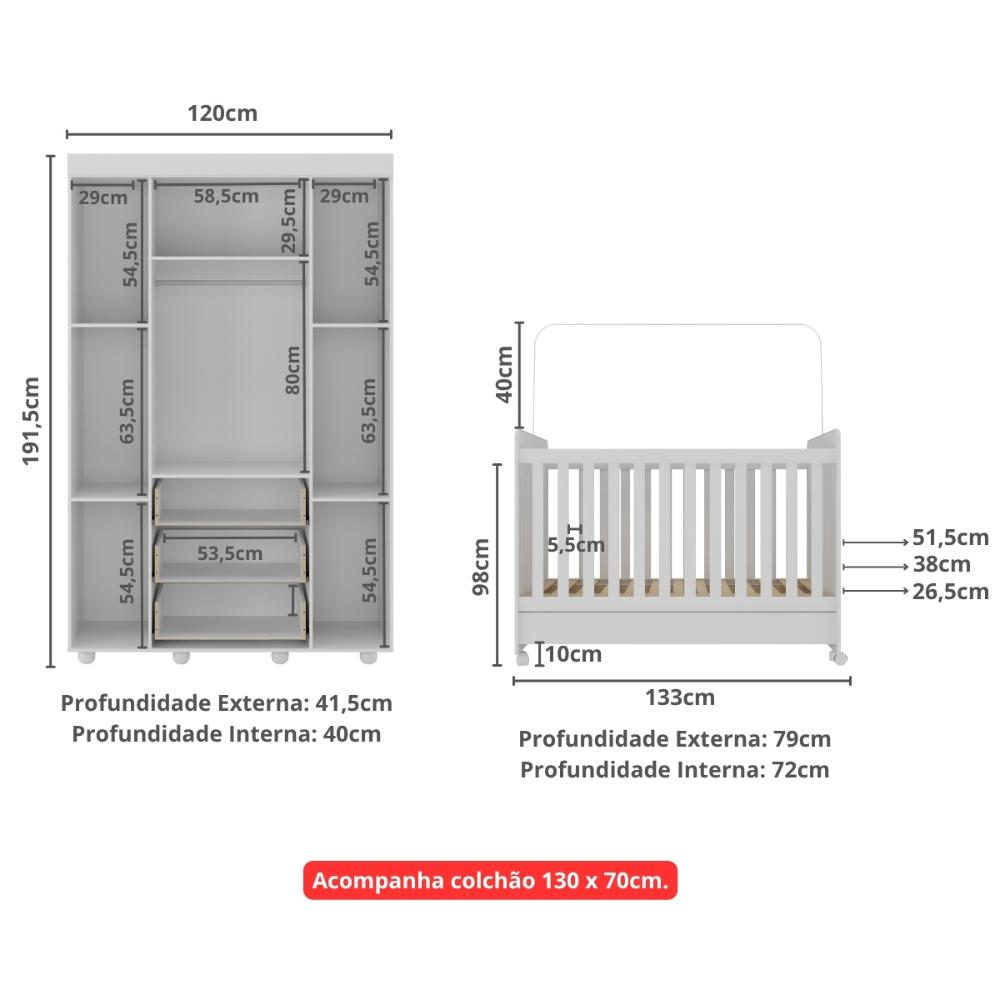 Berço Americano 3 em 1 com Colchão Incluso/Rodízios e Guarda-Roupa 4 Pts Pimpolho Multimóveis MP4387 Branco