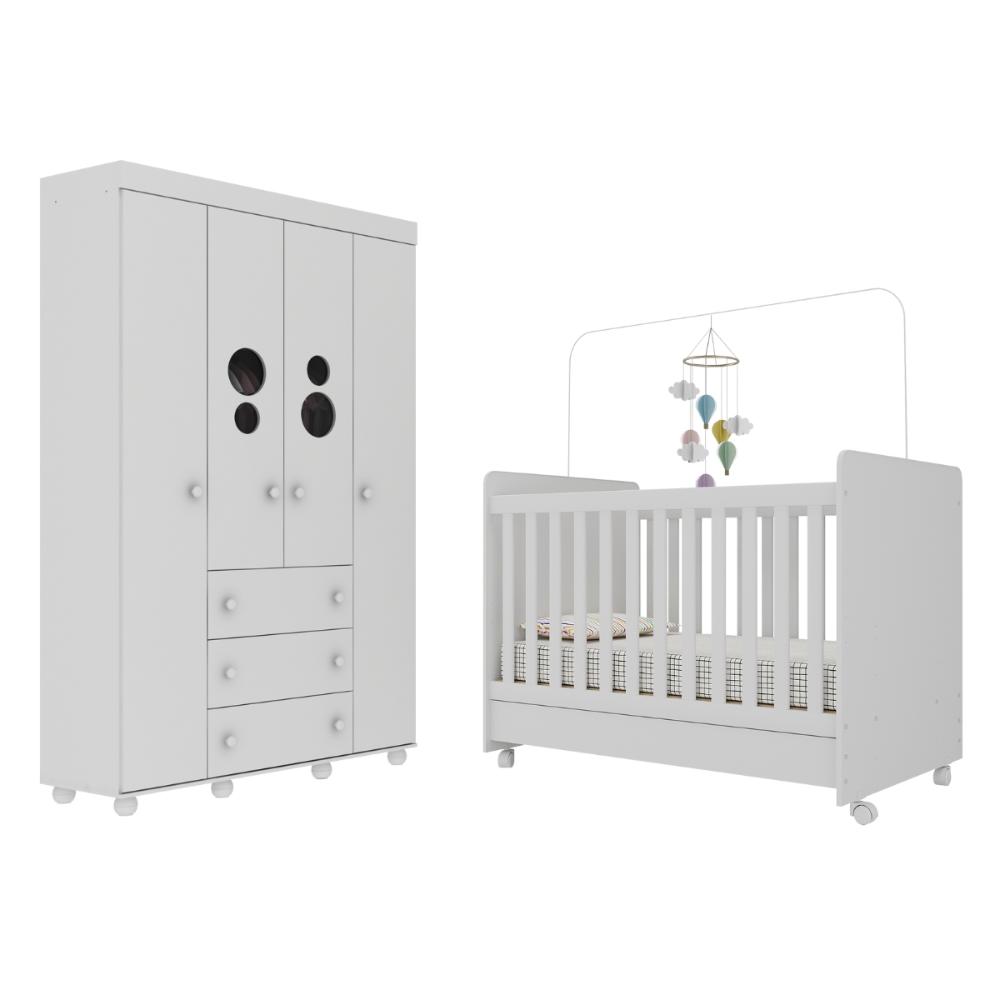 Berço Americano 3 em 1 com Rodízios e Guarda-Roupa 4 Portas 3 Gavetas Pimpolho Multimóveis MP4386 Branco