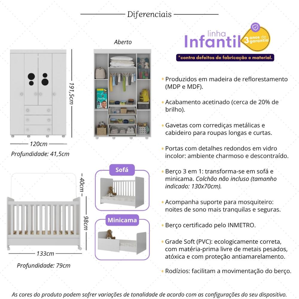 Berço Americano 3 em 1 com Rodízios e Guarda-Roupa 4 Portas 3 Gavetas Pimpolho Multimóveis MP4386 Branco