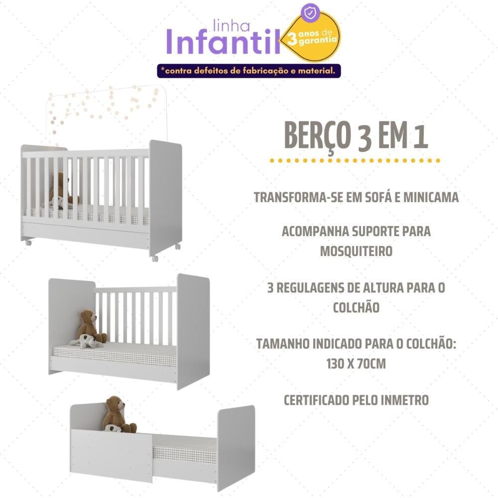 Berço Americano 3 em 1 com Rodízios e Guarda-Roupa 4 Portas 3 Gavetas Pimpolho Multimóveis MP4386 Branco