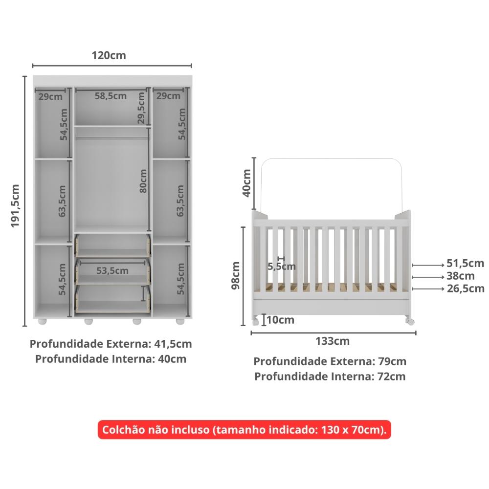 Berço Americano 3 em 1 com Rodízios e Guarda-Roupa 4 Portas 3 Gavetas Pimpolho Multimóveis MP4386 Branco