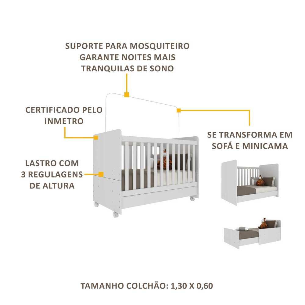 Berço Americano 3 em 1 com Rodízios para Colchão 70 x 130 cm Multimóveis Pimpolho FG0504B Branco