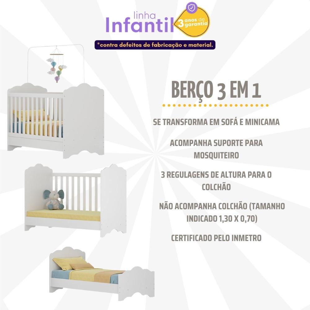 Berço Americano 3 em 1 para Colchão 70x130cm Quindim Multimóveis BB0536PA Branco