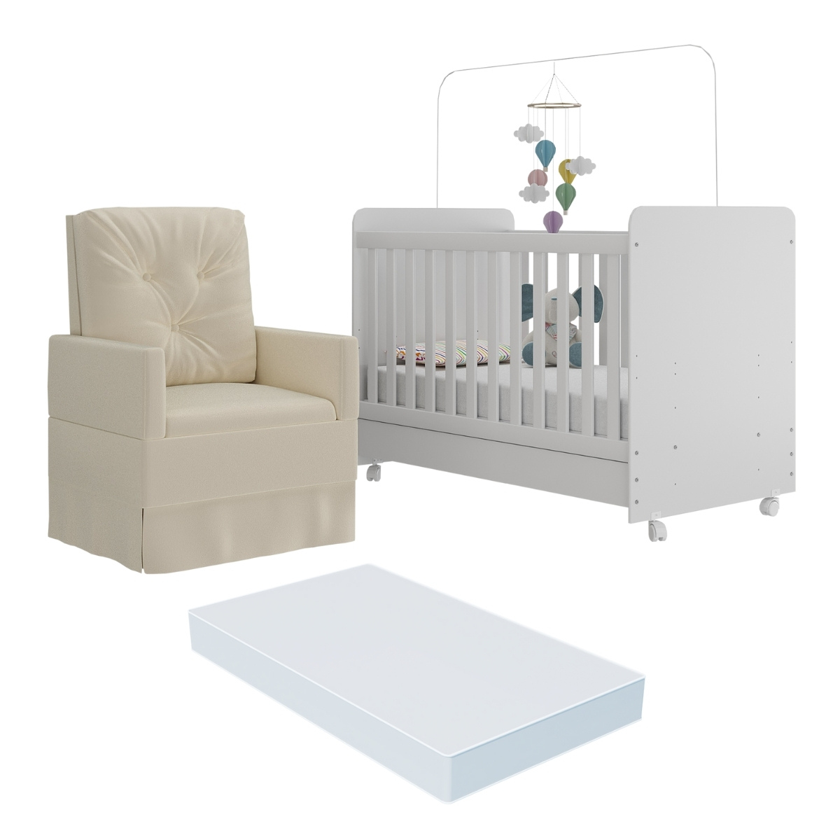 Berço Americano 3x1 com Colchão Incluso Poltrona de Amamentação Multimóveis MP4089 Branco/Bege
