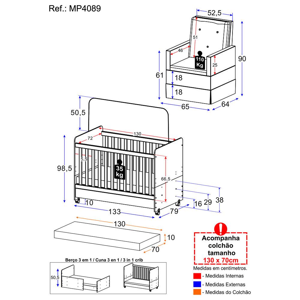Berço Americano 3x1 com Colchão Incluso Poltrona de Amamentação Multimóveis MP4089 Branco/Bege
