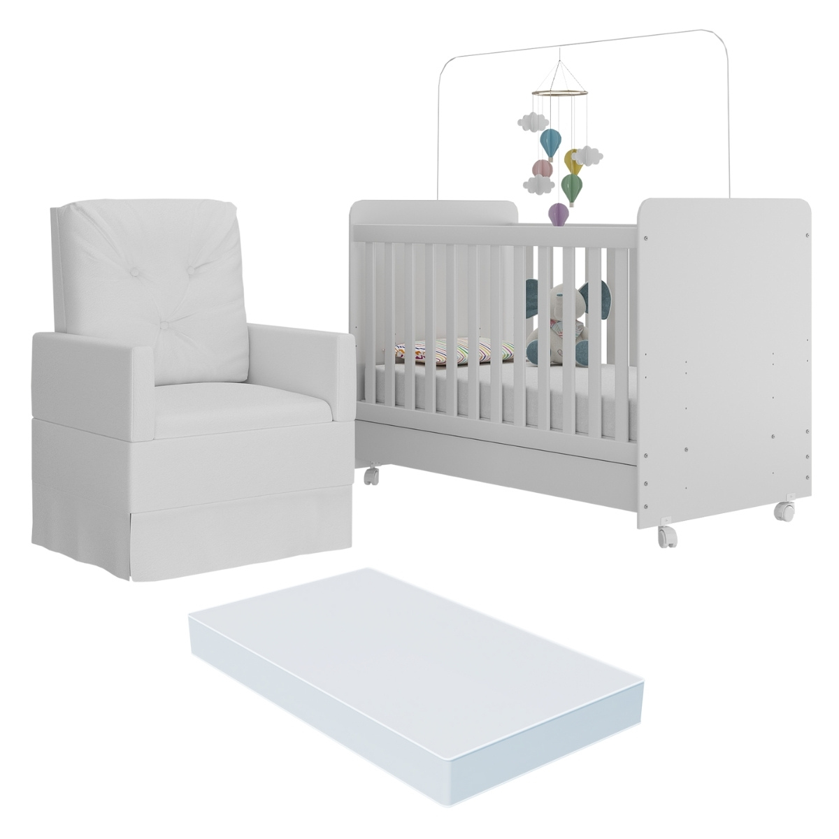 Berço Americano 3x1 com Colchão Incluso Poltrona de Amamentação Multimóveis MP4095 Branco