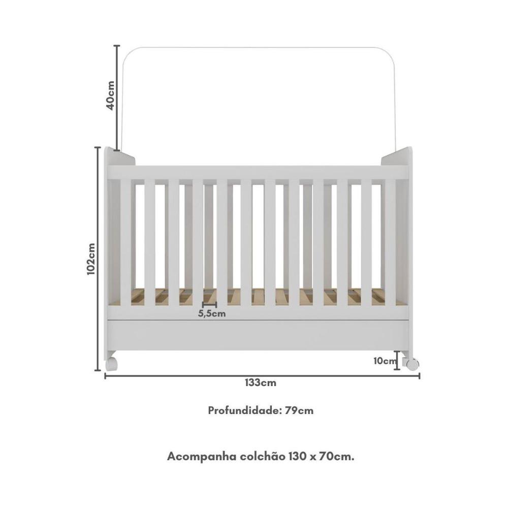 Berço Americano 3x1 com Colchão Incluso e Rodízios Pimpolho Multimóveis MP4308 Branco