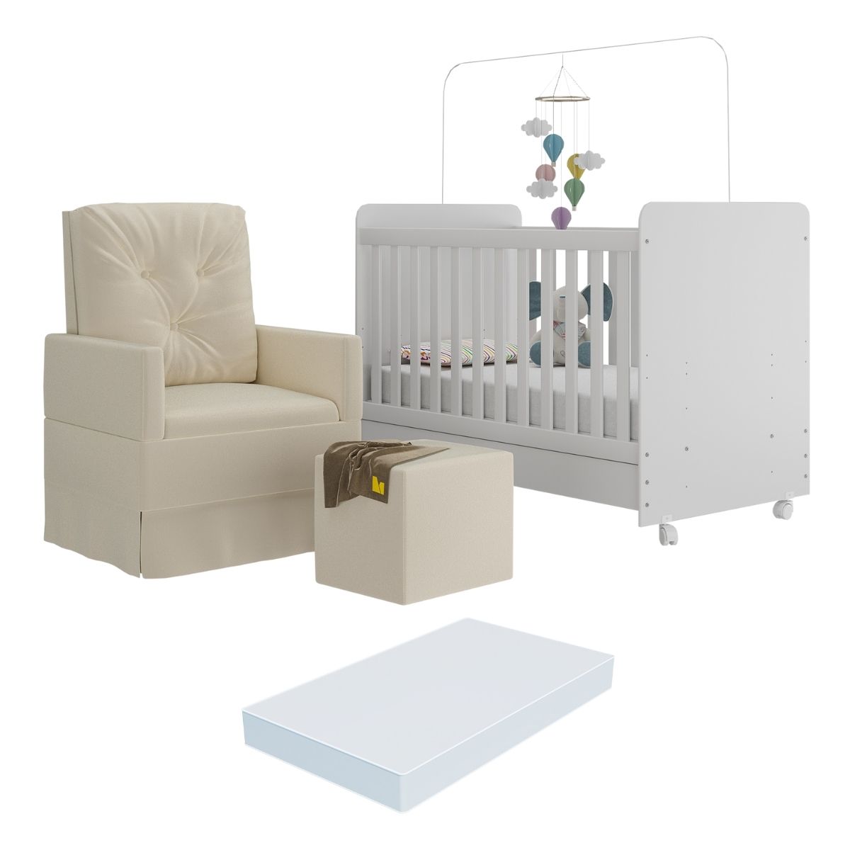 Berço Americano 3x1 com Colchão, Poltrona Amamentação e Puff Bambino Multimóveis MP4101 Branco/Bege