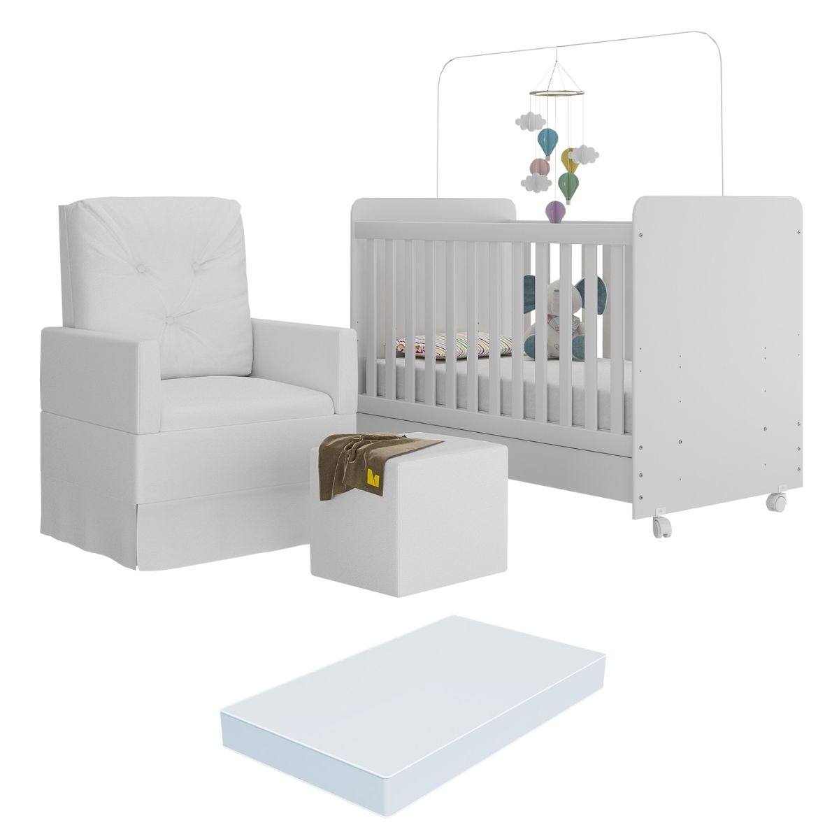 Berço Americano 3x1 com Colchão, Poltrona Amamentação e Puff Bambino Multimóveis MP4107 Branco