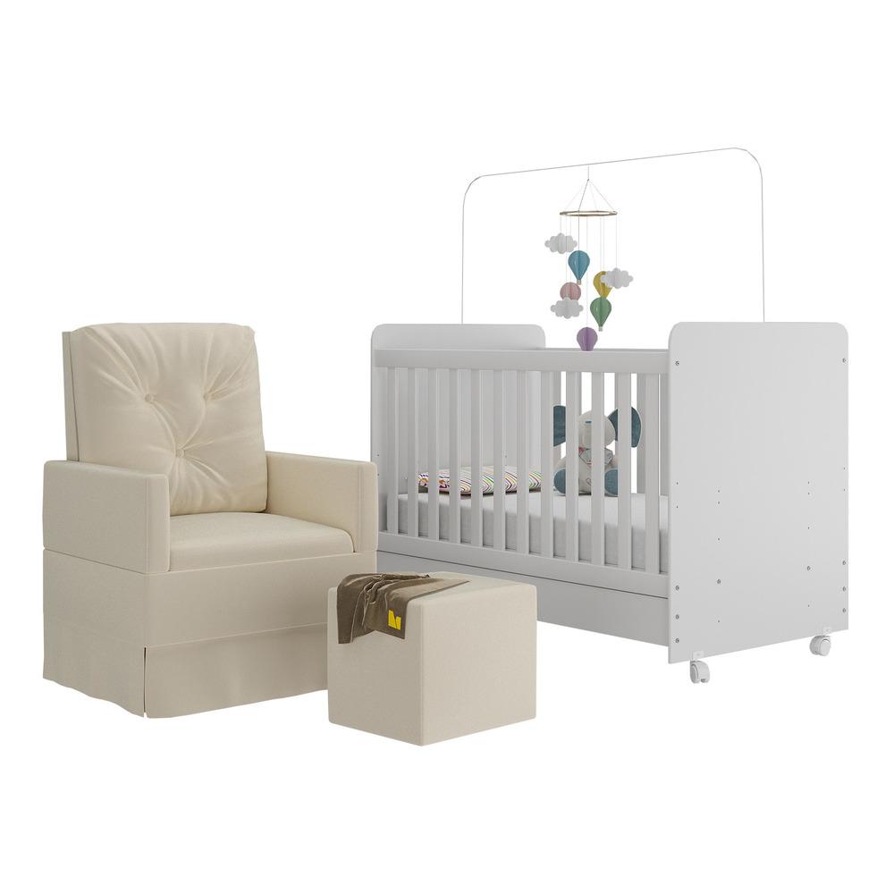 Berço Americano 3x1 com Poltrona de Amamentação e Puff Pimpolho Multimóveis MP4077 Branco/Bege