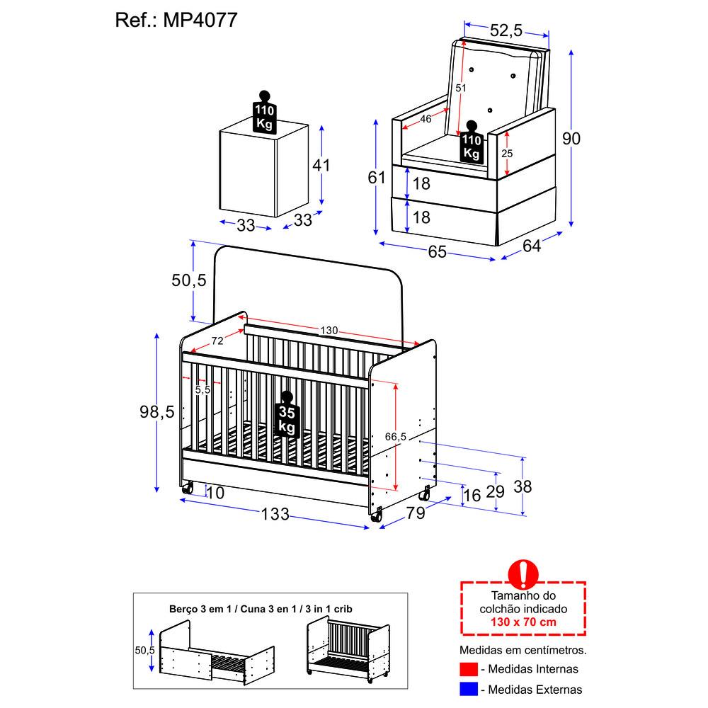 Berço Americano 3x1 com Poltrona de Amamentação e Puff Pimpolho Multimóveis MP4077 Branco/Bege