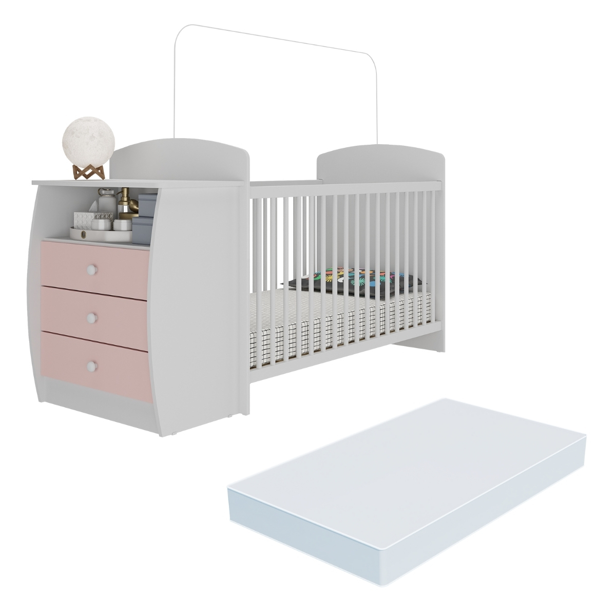 Berço Cômoda com Colchão Incluso Colinho de Mãe Multimóveis Branco/Rosa