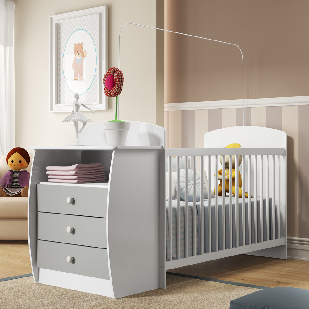 Berço Cômoda com Colchão Incluso Colinho de Mãe Multimóveis FG2951 Branco/Cinza