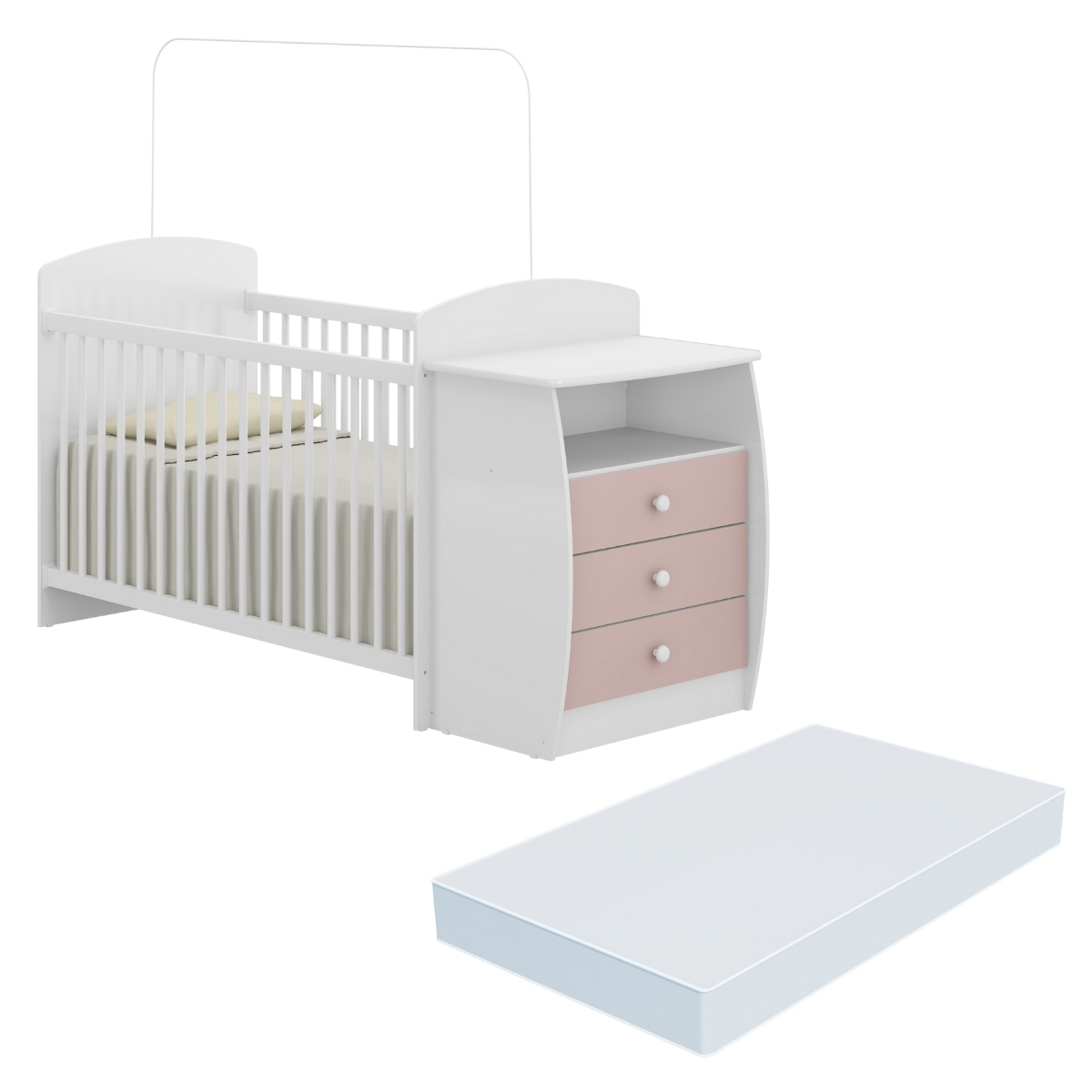 Berço Cômoda com Colchão Incluso Colinho de Mãe Multimóveis FG2951 Branco/Rosa