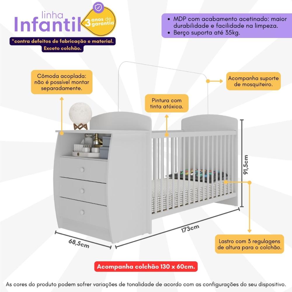 Berço Cômoda com Colchão Incluso Colinho de Mãe Multimóveis MP4304 Branco