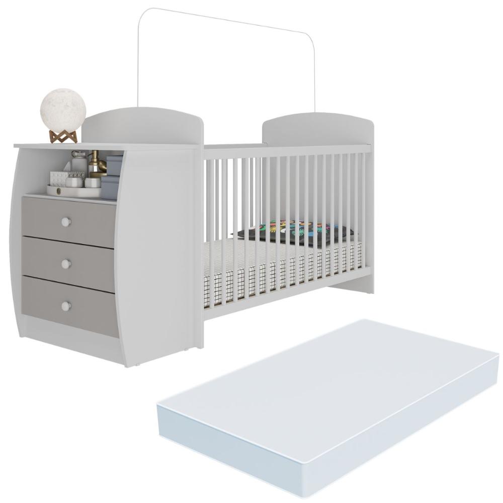 Berço Cômoda com Colchão Incluso Colinho de Mãe Multimóveis MP4304 Branco/Cinza