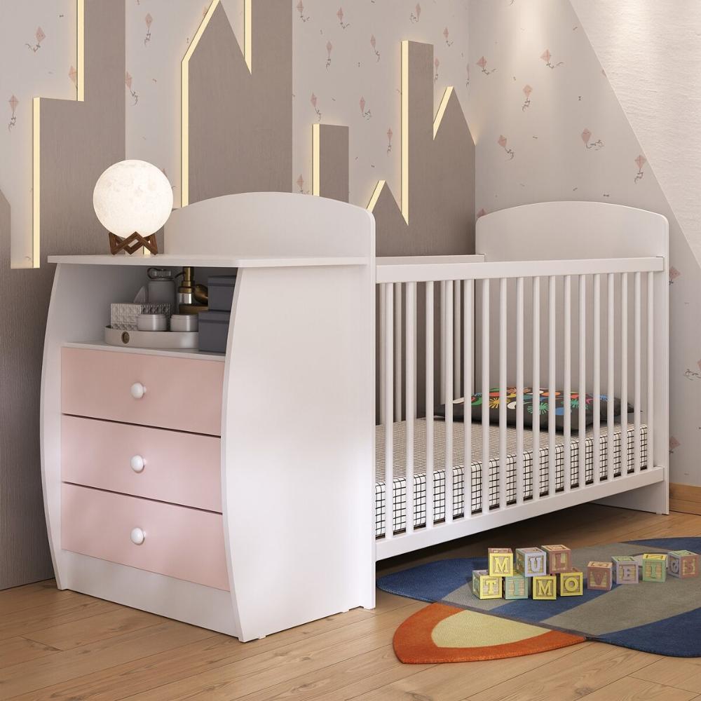 Berço Cômoda com Colchão Incluso Colinho de Mãe Multimóveis MP4304 Branco/Rosa