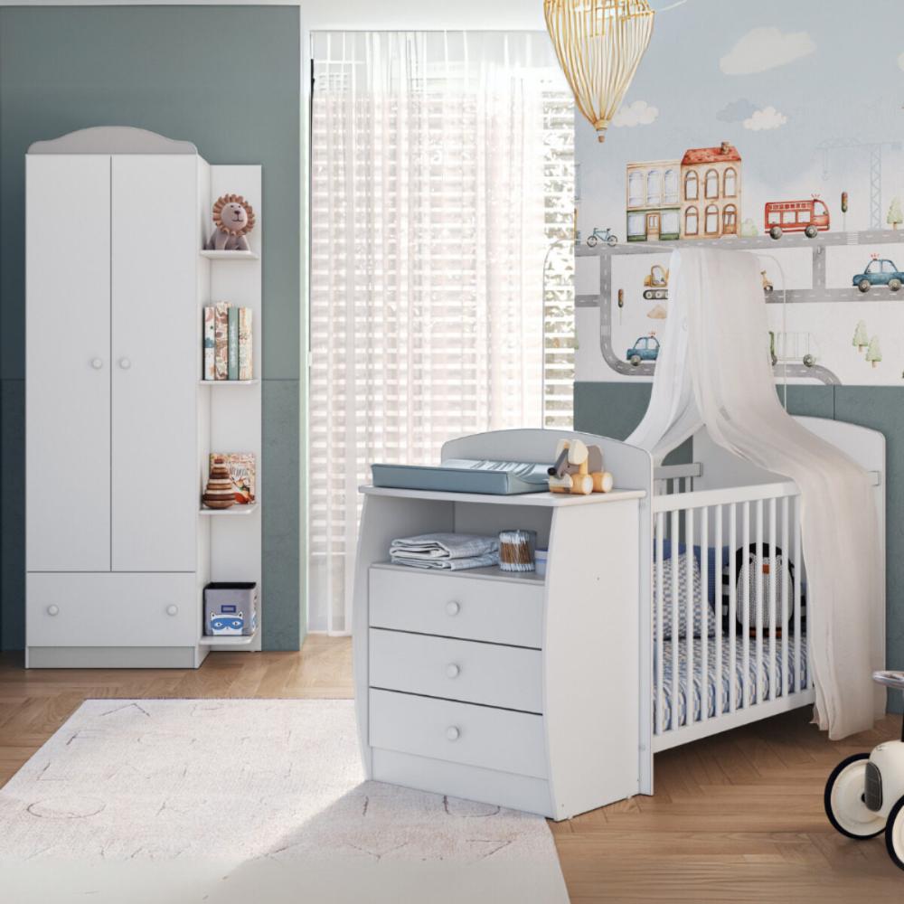 Berço Cômoda com Colchão Incluso e Guarda-Roupa 2 Portas 1 Gaveta Multimóveis MP4348 Branco/Colorido